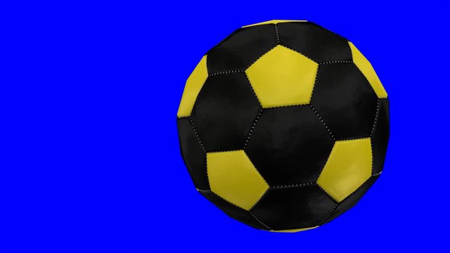 Animated close up of simple plain soccer ball with black and yellow material roiling slowly from left to right against blue background.