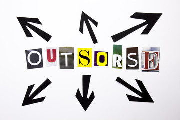 A word writing text showing concept of Outsorse made of different magazine newspaper letter for Business case on the white background with copy space