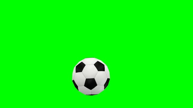 Animated simple plain soccer ball with white and black material roiling slowly from left to right against green background.