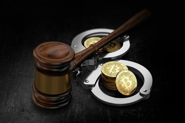 Wooden gavel and Bitcoin stacks in handcuffs. Possible scenario of global BTC prohibition concept. 3D rendering