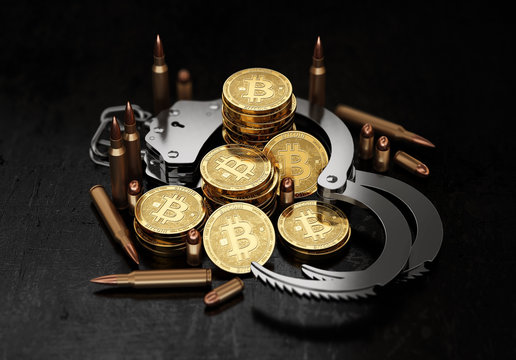 Stack of Bitcoin in open handcuffs and bullets. Bitcoin as a form of payment for illegal goods and services concept. 3D rendering
