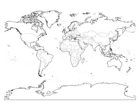 World map outline. Thin country borders and thick land contour on white background. Simple high detail line vector wireframe.
