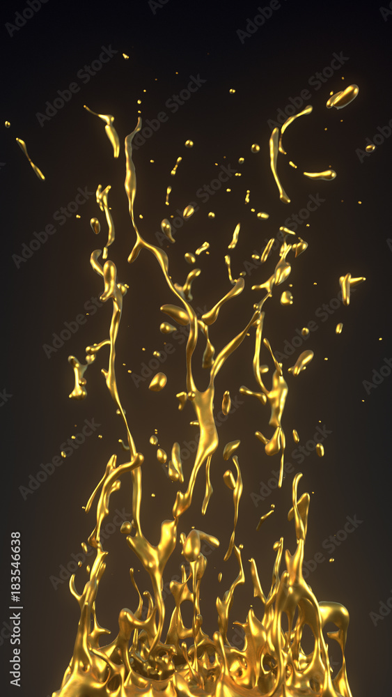 Poster Golden splash isolated on dark 3d rendering