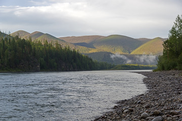 Low clouds on a mountain slope.