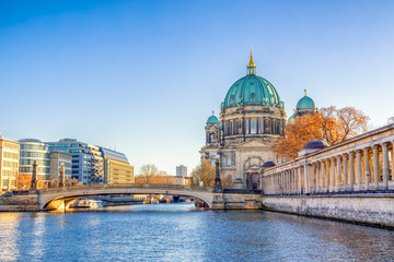 Berlin Cathedral (Berliner Dom) and Museum Island (Museumsinsel) reflected in Spree River, Berlin,...