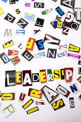 A word writing text showing concept of Leadership made of different magazine newspaper letter for Business case on the white background with copy space