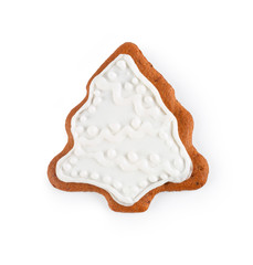 Gingerbread in the form of christmas tree - homemade sweet cookie, isolated on white background