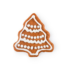 Gingerbread in the form of christmas tree - homemade sweet cookie, isolated on white background