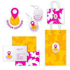 Russian souvenir logo. Russian Doll and geo marker. Identity.