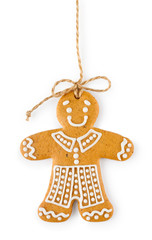 Gingerbread on rope in the form of boy - Christmas homemade sweet cookie, isolated on white background