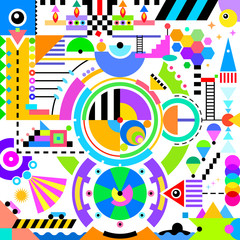 Colorful, cheerful, geometric illustration with abstract and associating elements, submarines, rockets, cars, there are also pyramids, stars and much more.