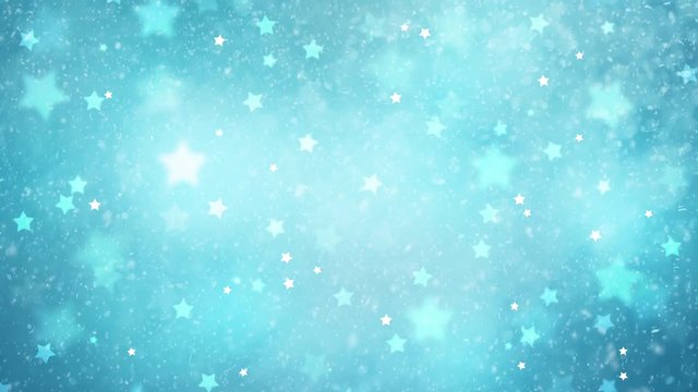 Snowfall on beautiful blurry star shape bokeh background. Christmas and New Year Holidays copy space greeting card.