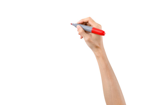 Hand holding red marker for writing isolated on white background