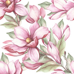 Obraz premium Seamless pattern with blooming magnolia. Watercolor illustration