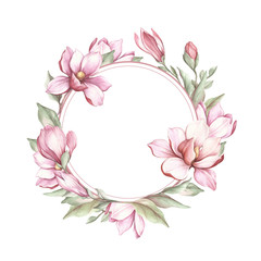 Fototapeta premium Frame with blooming magnolia. Hand draw watercolor illustration
