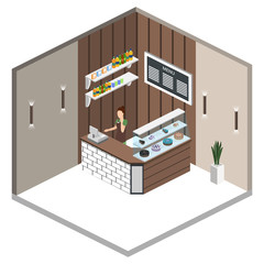 Isometric 3D vector illustration design interior coffee shop, coffee shop with waitresses and cakes
