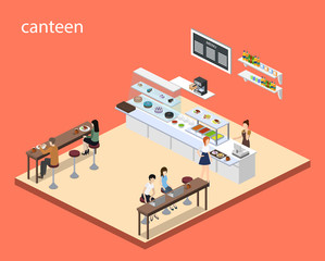 Isometric 3D vector illustration concept of coffee or canteen with visitors
