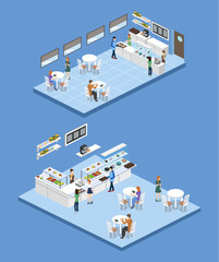 Isometric 3D vector illustration concept of confectionery or canteen with visitors