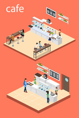 Isometric 3D vector illustration concept of confectionery or canteen with visitors