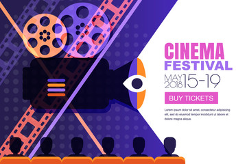 Vector cinema festival poster, banner background. People audience sitting in the cinema hall and watching film on screen. Sale cinema theatre tickets, movie time and entertainment concept.