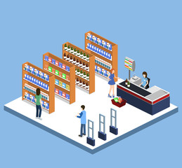 Isometric 3D vector illustration concept of a grocery store with buyers and cashier