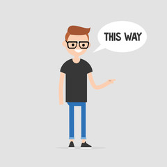 This way. Young character pointing at the right direction. Navigation. Speech bubble. Flat editable vector illustration, clip art