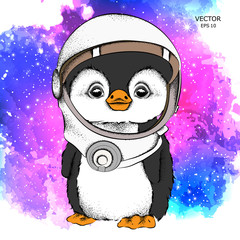 a cartoon penguin in an astronaut's space suit. Character in space. Vector illustration