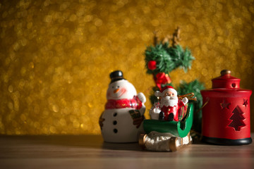 Christmas holiday background with Santa and decorations. Christmas landscape with gifts and snow. Merry christmas and happy new year greeting card with copy-space.