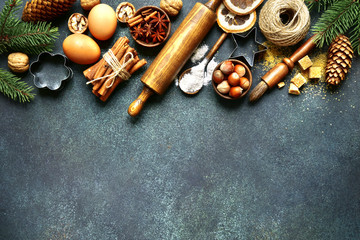 Rustic christmas baking background with ingredients for making cookies or cake .Top view with space...