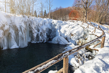 Plitvice lakes during winter with high level of snow