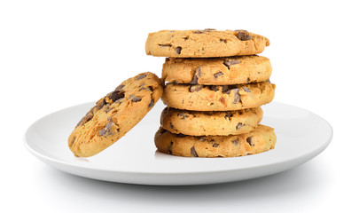 Chocolate chip cookie in a plate isolated on a white background