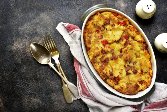 Bread Pudding With Bacon And Cheese.Top View.