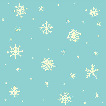 Seamless pattern hand drawn white snow flakes on blue, simple winter background. design for holiday greeting cards and invitations of the Merry Christmas and Happy New Year, winter holidays