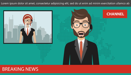Breaking news concept. News anchor broadcasting the news with telephone on screen. Concept of live call on news. Flat vector illustration