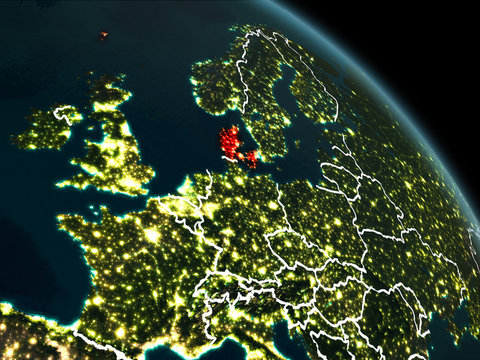 Denmark in red at night