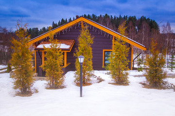 Cottage in the wild. Private house in winter. The landscape of the cottage community.