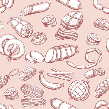 Sausages Pattern. Vintage Sketch Sausage And Meatloaf, Sliced Pork And Bacon Butcher Seamless Background