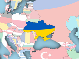 Map of Ukraine with flag on globe