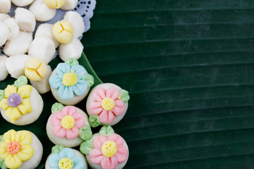 Kleeb Lamduan: Thai Shortbread Cookies put on banana leaves and arranged nicely.