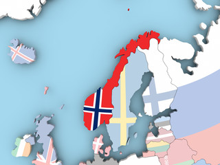 Map of Norway with flag on globe