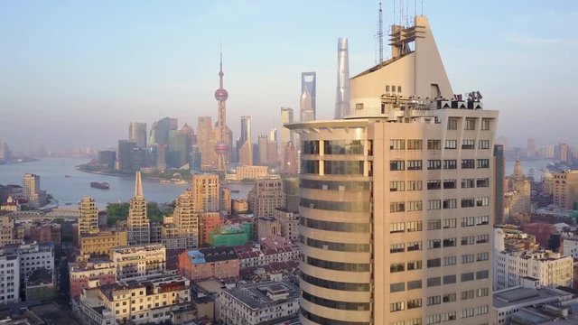 China Shanghai Aerial v26 Flying low around Waitan area with cityscape views 5/17