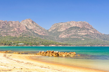 The Hazards mountain ranges photographed from the Richardsons Beach at the Visitors Centre of the Freycinet National Park - Coles Bay, Tasmania, Australia