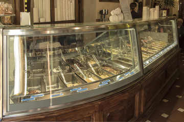 Display of gelato in one of the many gelato stores in Florence, Italy 