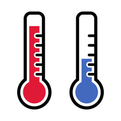 Thermometer icons in red and blue colors for hot and cold weather. Vector illustration