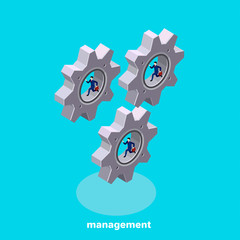 people in business suits run inside the spinning gears, the image is isometric style