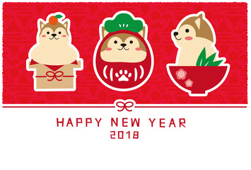 2018年　戌酉　年賀状 3つのだるま　赤色 