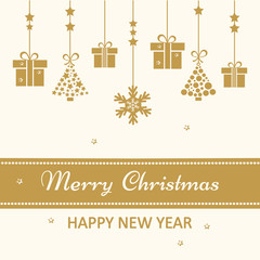 Christmas greeting card. Golden Christmas toys hanging. Vector illustration