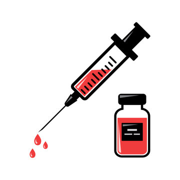 Syringe With Red Vaccine, Vial Of Medicine. Vector Illustration