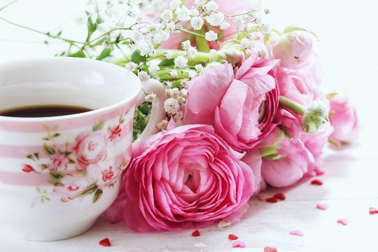 Cup of Coffee with pink roses / Valentines Day background, selective focus
