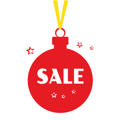 Red Christmas ball with yellow ribbon, stars, and white inscription SALE. Vector illustration